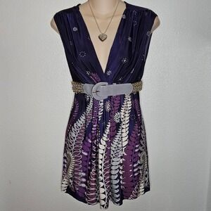 Blue Sketch Purple Top V Neck Belted
